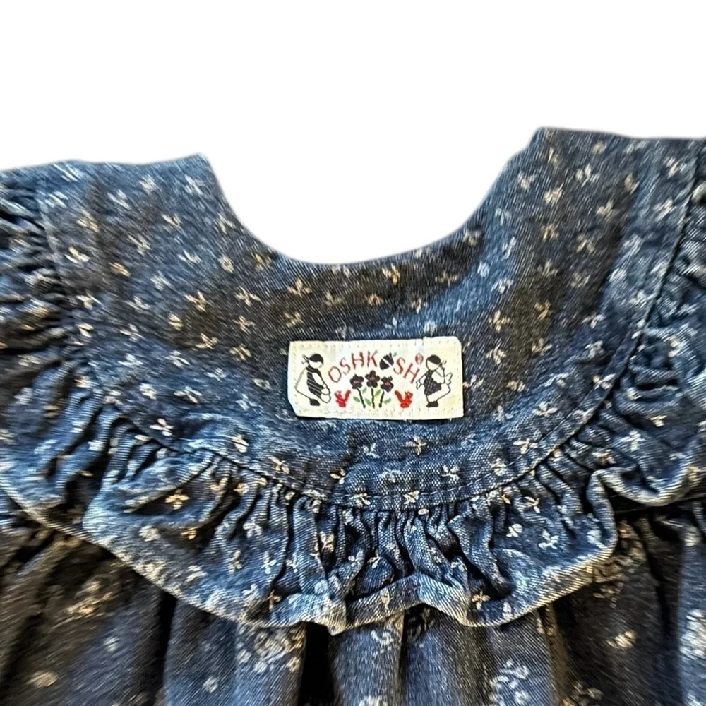 VTG 90’s. OshKosh B’Gosh Denim Dress Sz 3T Ruffle Collar Red Button Back Logo